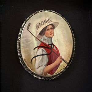 Vintage Hand Painted Portrait Pin Victorian Lady Golfer